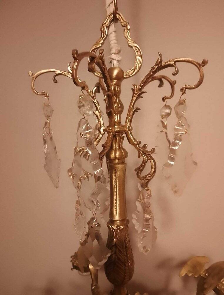 Large Gothic brass chandelier with 6 lights, 1940s.