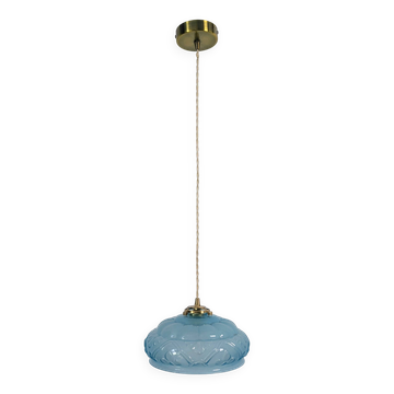 Suspension art déco en verre bleu et laiton