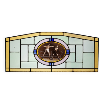 Art Deco Stained Glass Panel Depicting a Boxing Match, Belgium ca. 1910