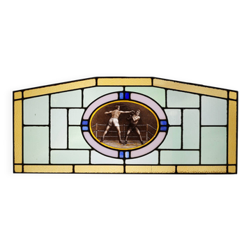 Panneau en verre teinté Art Déco représentant un match de boxe, Belgique vers 1910
