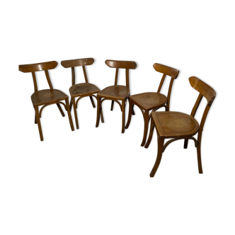 Set of 5 old wooden bistro chairs vintage "banana" folders