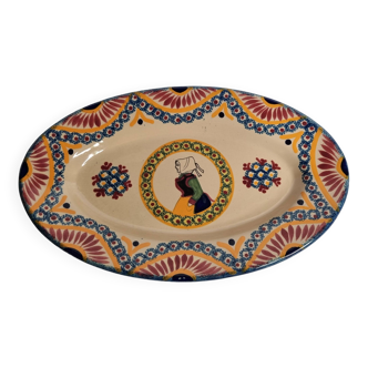 Plat ovale en faïence de Quimper Henriot vintage, signé, décor traditionnel breton, 29 cm