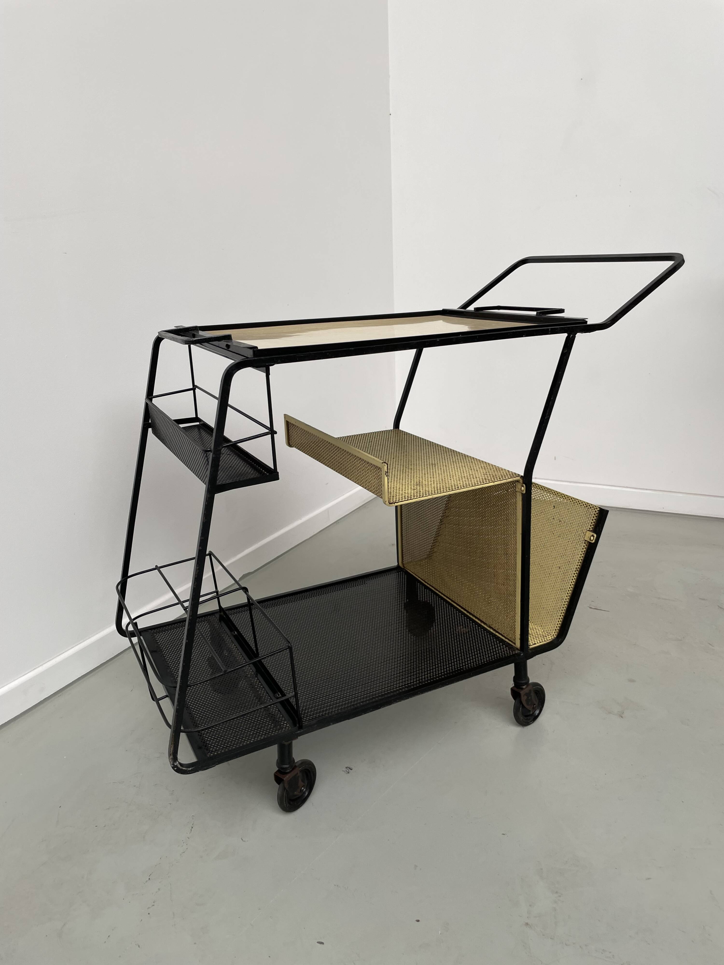 Perforated metal serving trolley in the Mathieu Matégot style