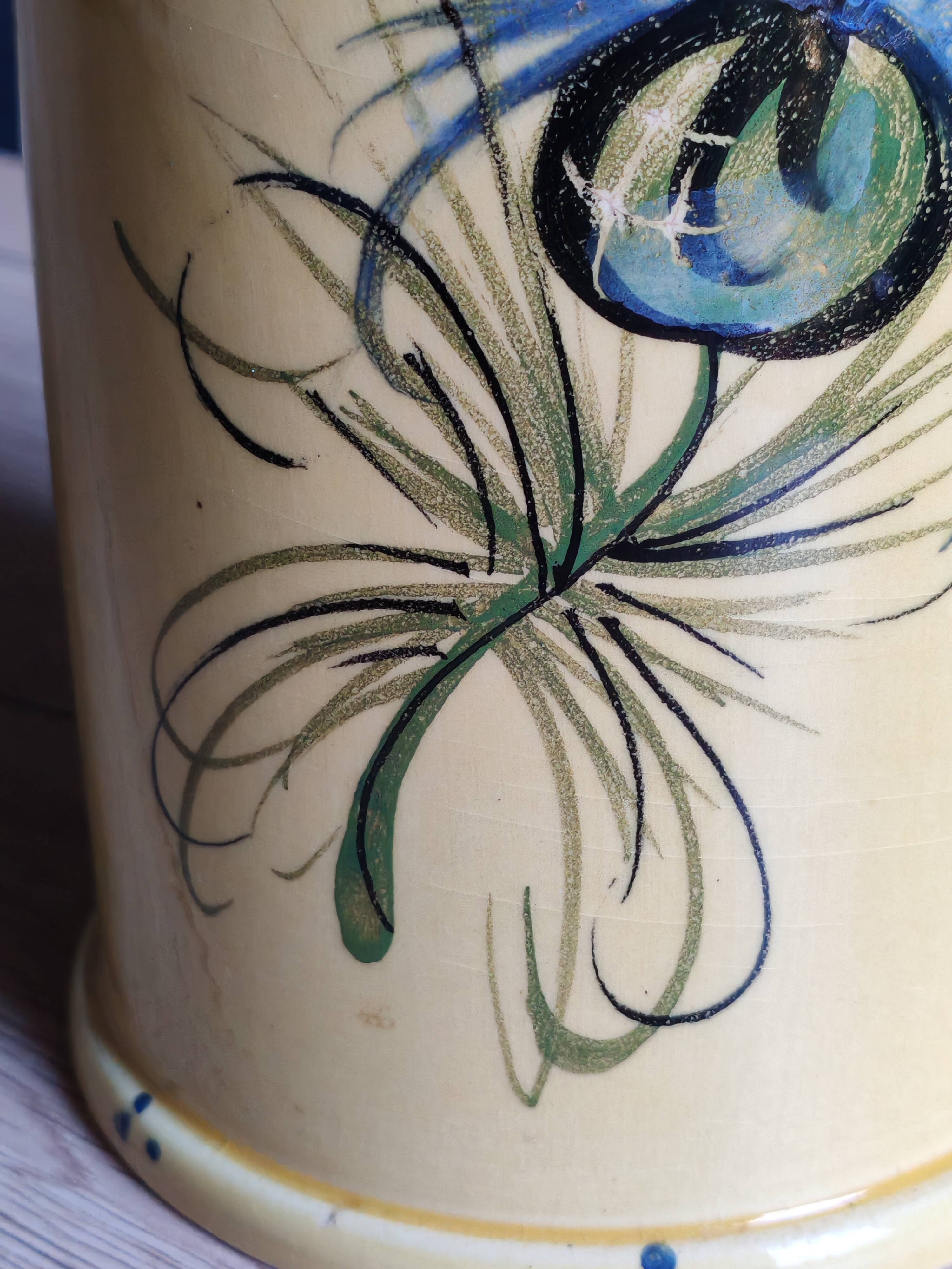 Vintage 1960s Vallauris Yellow Ceramic Vase, Blue Peacock Feather Decor