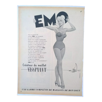 Paper advertisement brand EMO floating swimsuit from a period magazine