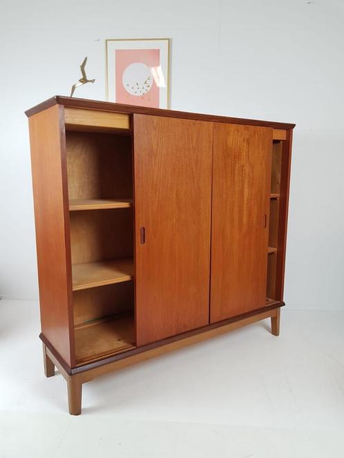 Sideboard high Danish teak veneer vintage sliding doors