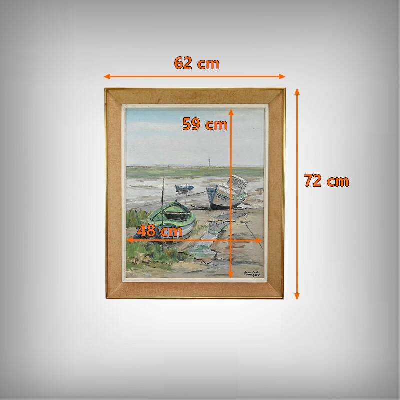 Painting “Boats at Low Tide”, signed J-P. Guinegault – 2nd part 20th century