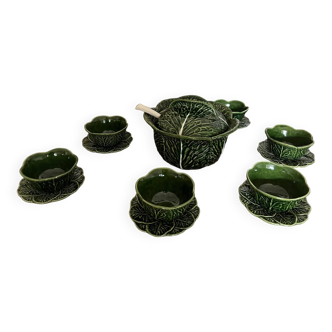 Barbotine soup tureen with 6 bowls