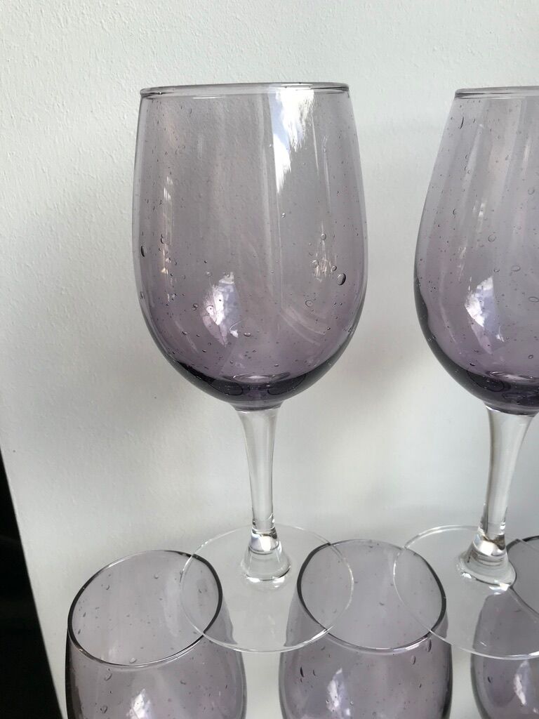 set of 5 wine glasses in purple bubble glass 70s