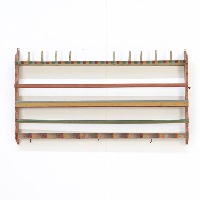 Antique Rustic Farmhouse Folk Art Painted Kitchen Plate Rack / Wall Shelve