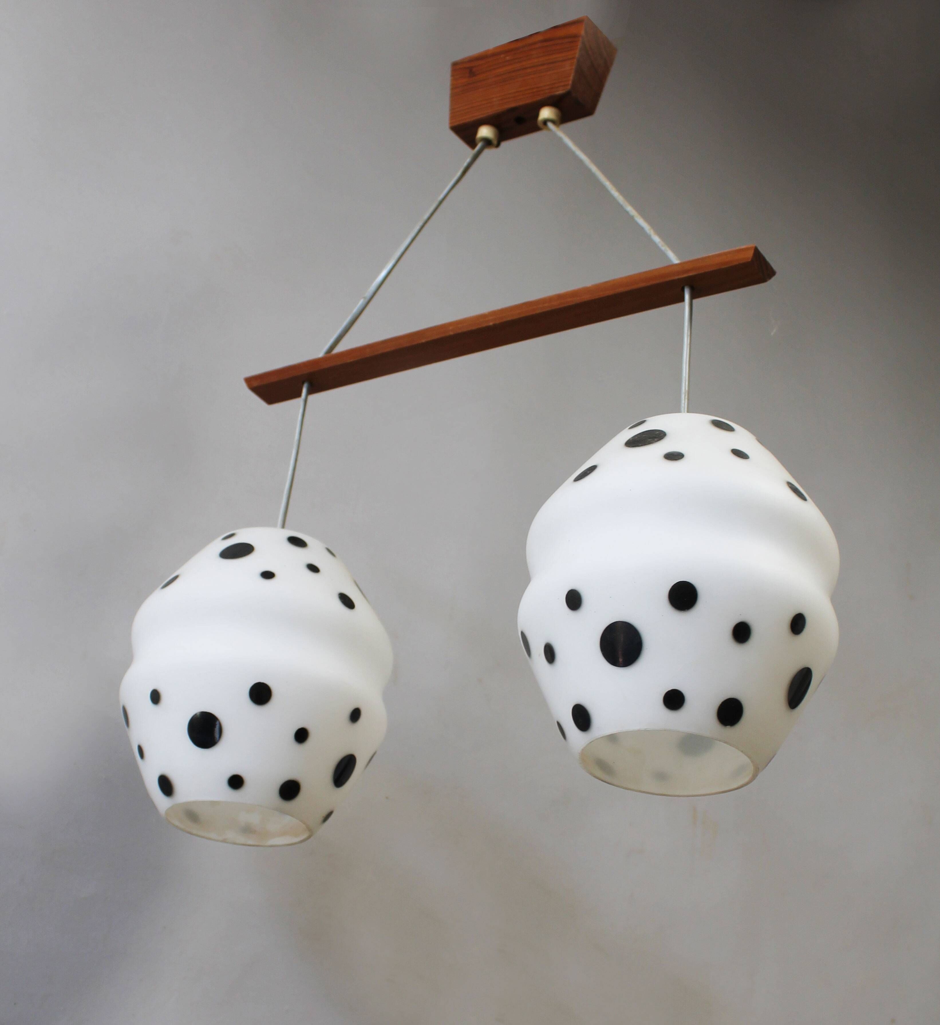 Vintage 1960s Czech Double Pendant Light with Black & White Opaline Glass