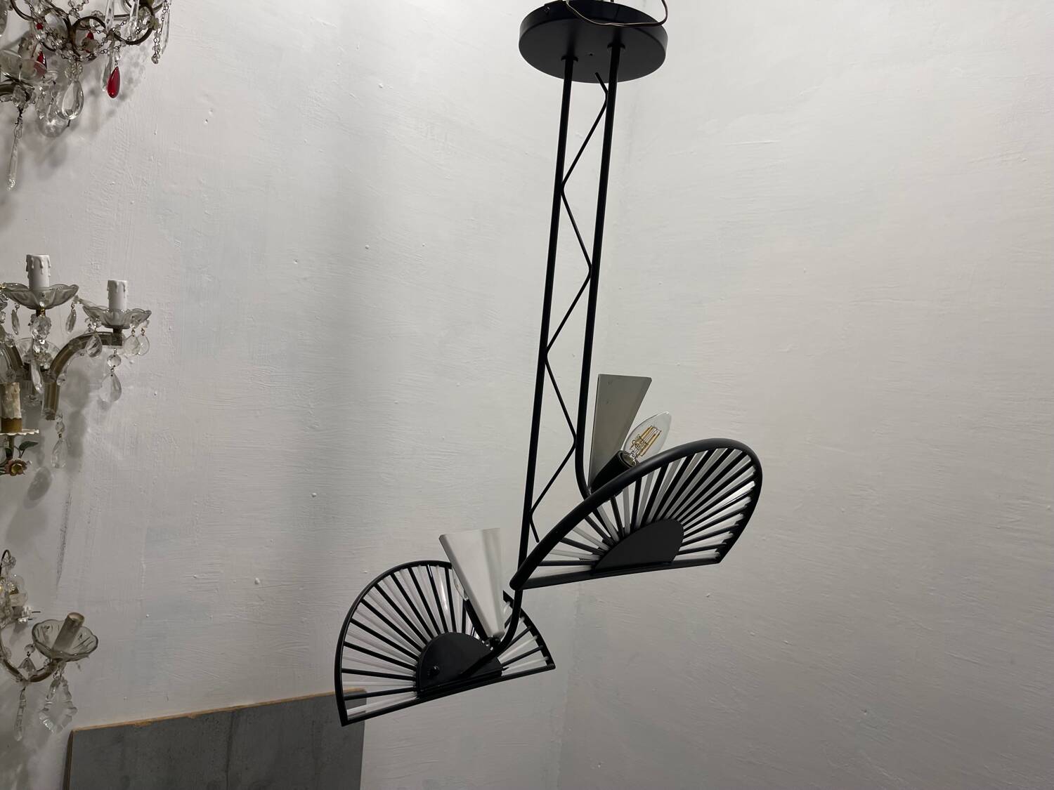 Architectural Black and white Murano Glass Rod  Light Pendant 1980’s