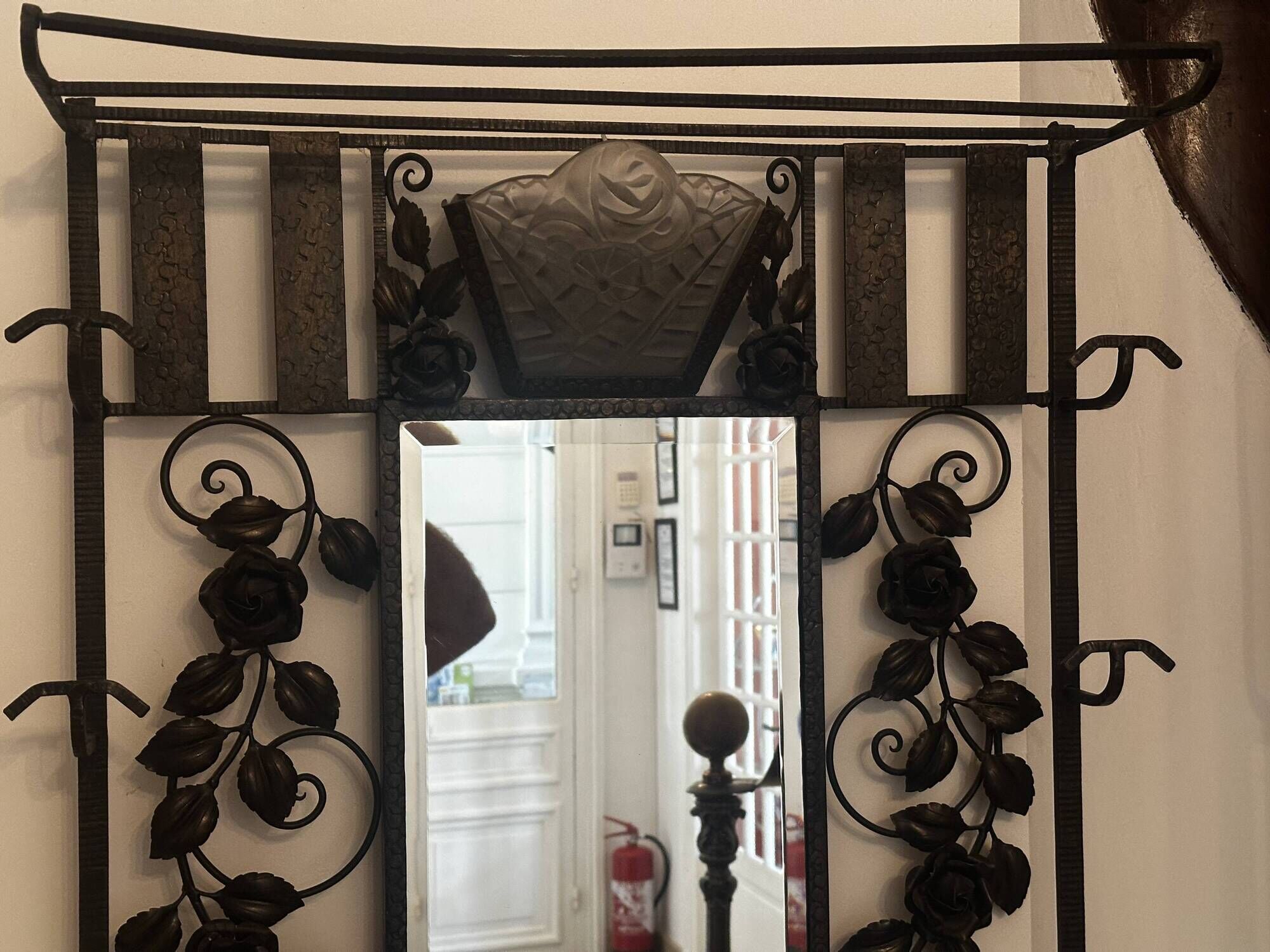 Art deco wrought iron coat rack and Degue lamp