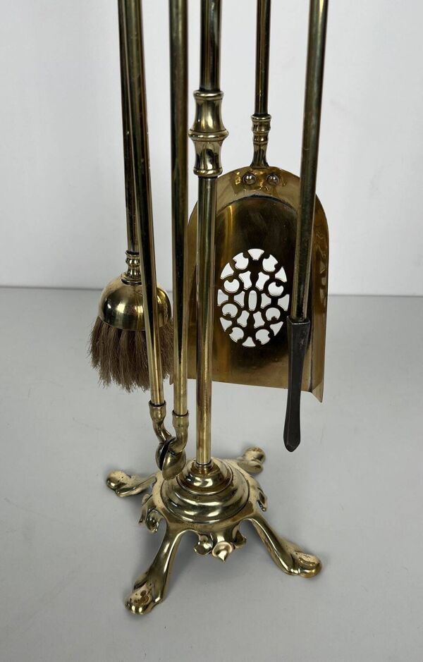 Nécessaire de Feu de Style Néoclassique en Laiton Poli à Outils à Anneaux