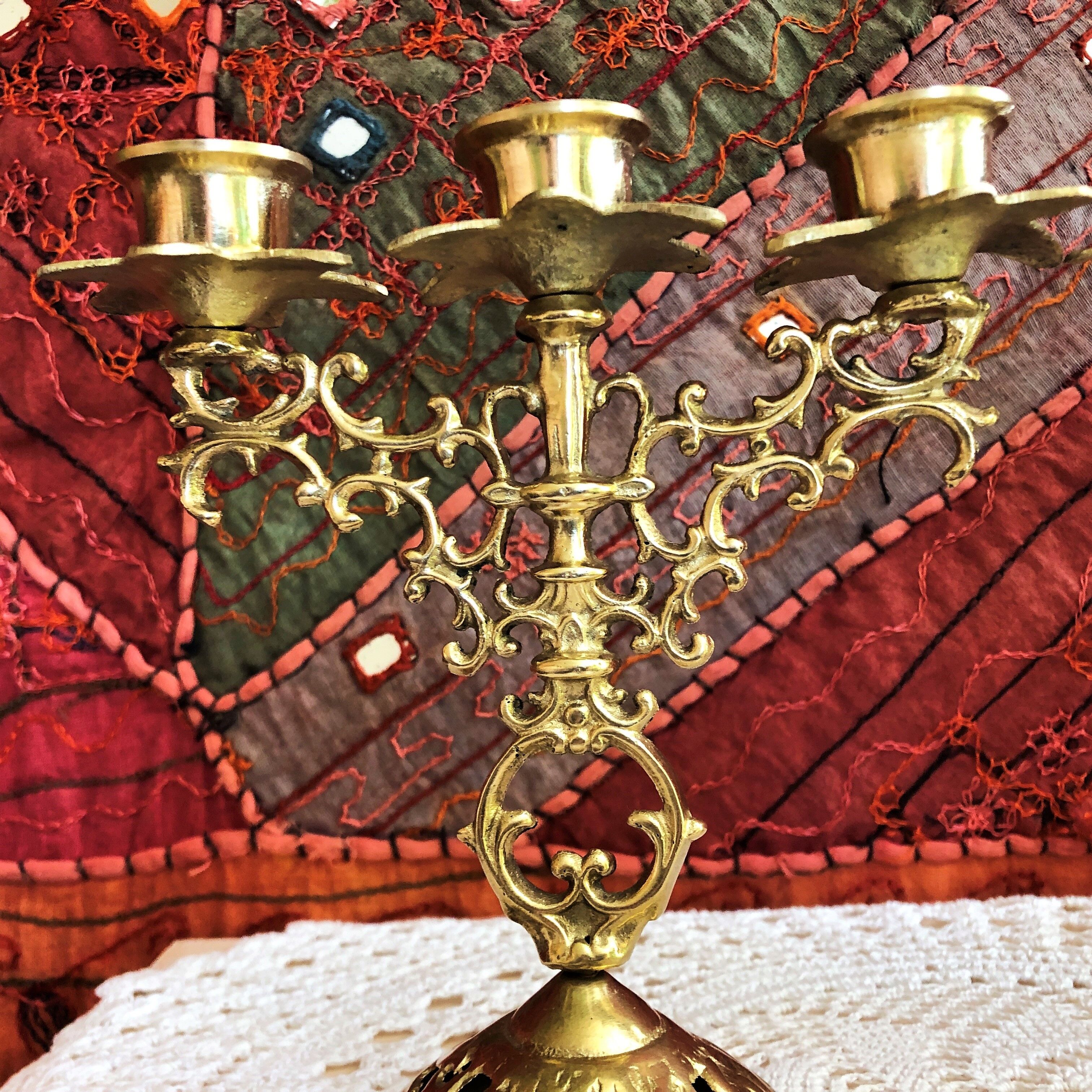 Pair of candlesticks 3 branches golden brass
