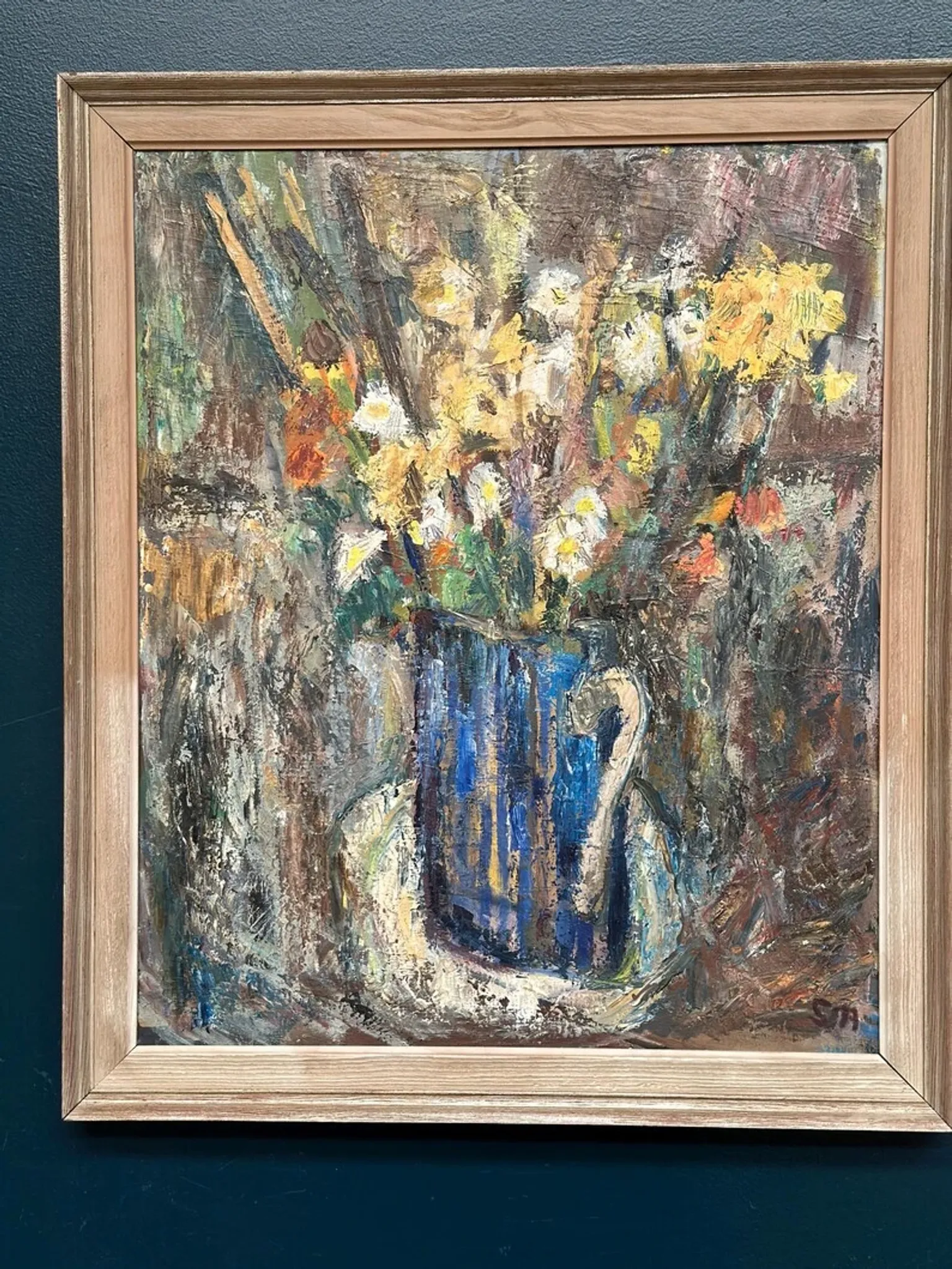 Original Swedish Oil on Panel – “Flowers in Blue Vase” by Sven Age – Signed – Vintage & Framed – 73 × 63 cm (28.7" × 24.8")