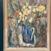 Original Swedish Oil on Panel – “Flowers in Blue Vase” by Sven Age – Signed – Vintage & Framed – 73 × 63 cm (28.7" × 24.8")