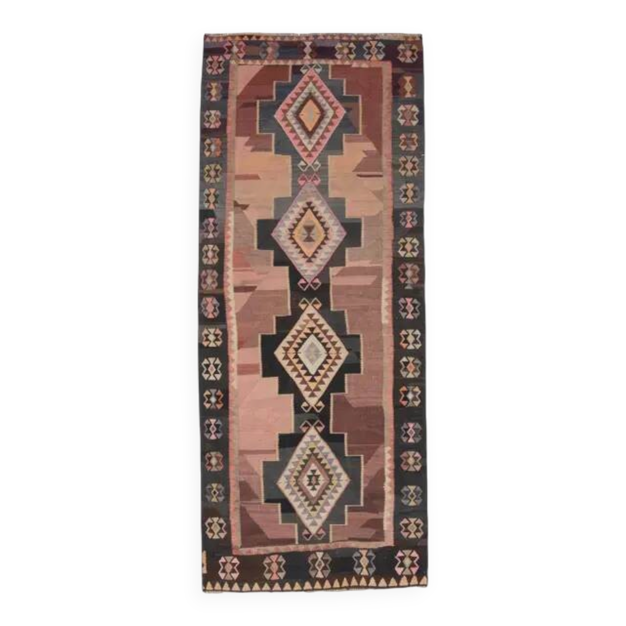 70's Brown Turkish Oushak Handmade Wool Geometric Motif Runner Rug 123x293