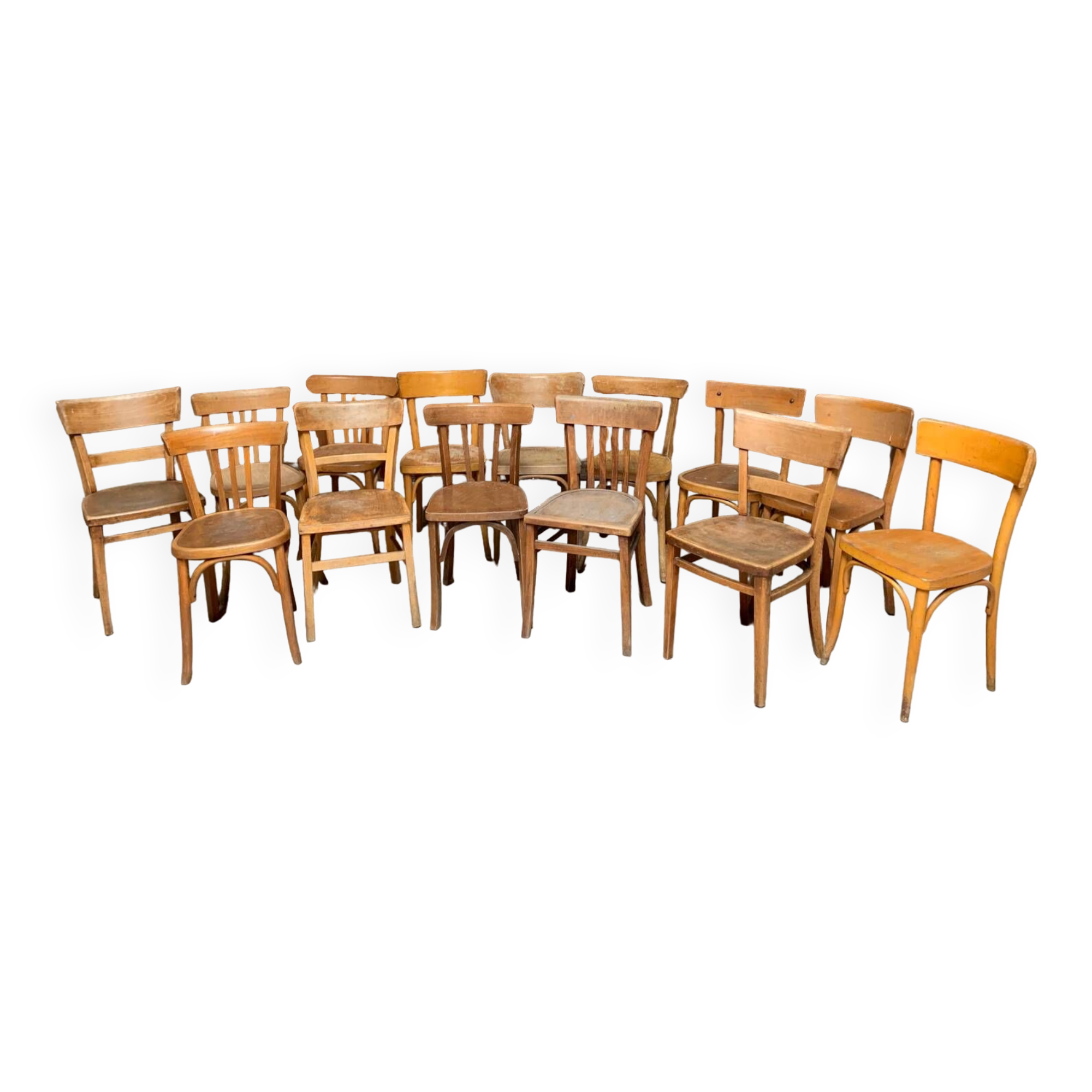 Series of 20 vintage mismatched bentwood bistro chairs
