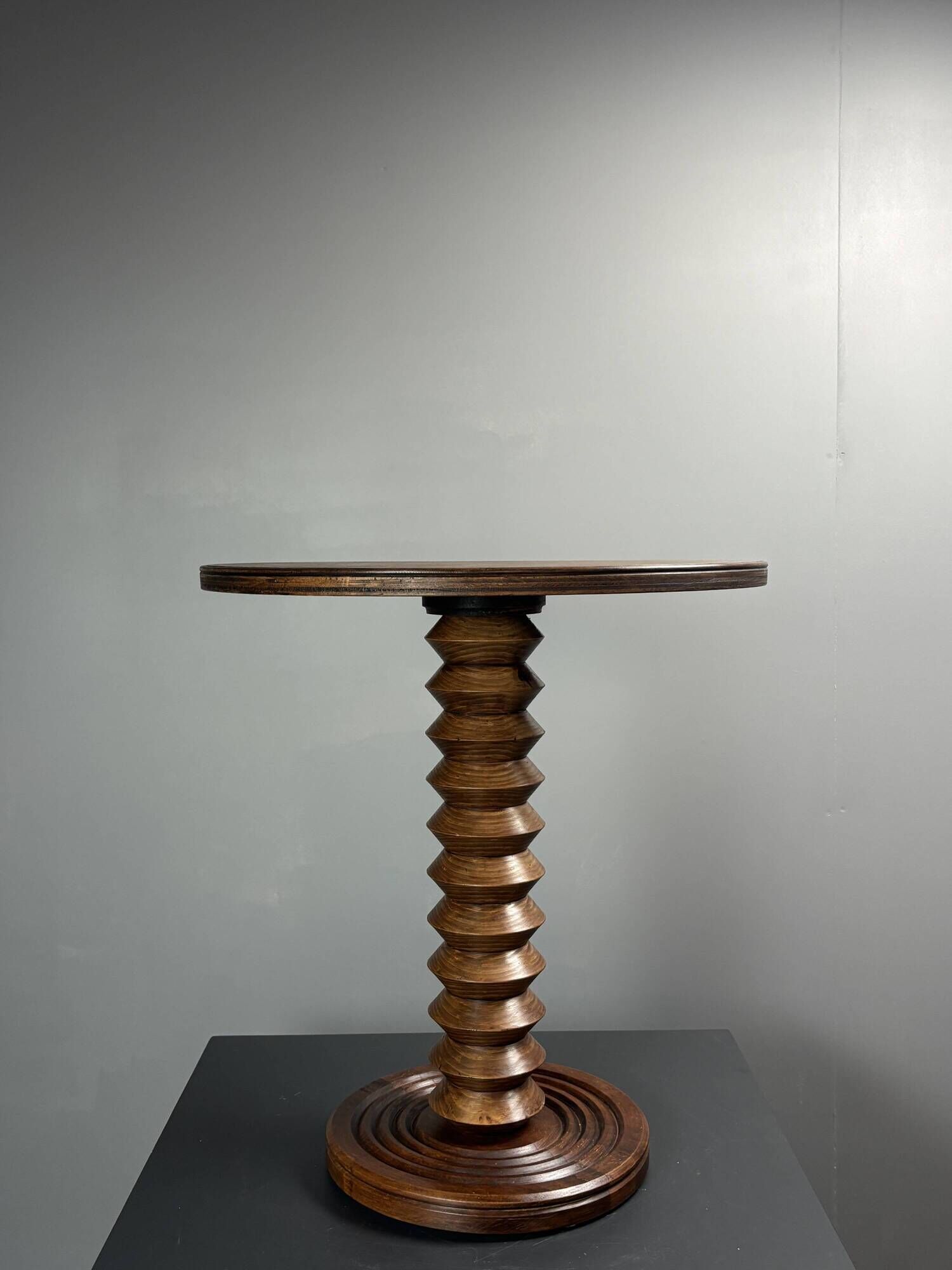 Midcentury brutalist wood turned side table, Charles Dudouyt style, 1950s