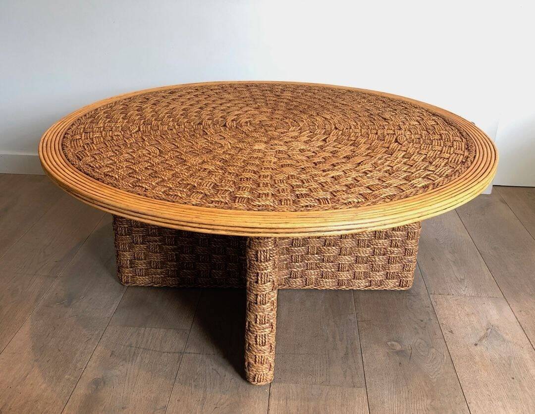 Large Round Coffee Table in Rope and Wood, in the Style of Audoux-Minet, Fra
