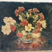 Bouquet d’œillets en vase bleu et blanc, signée