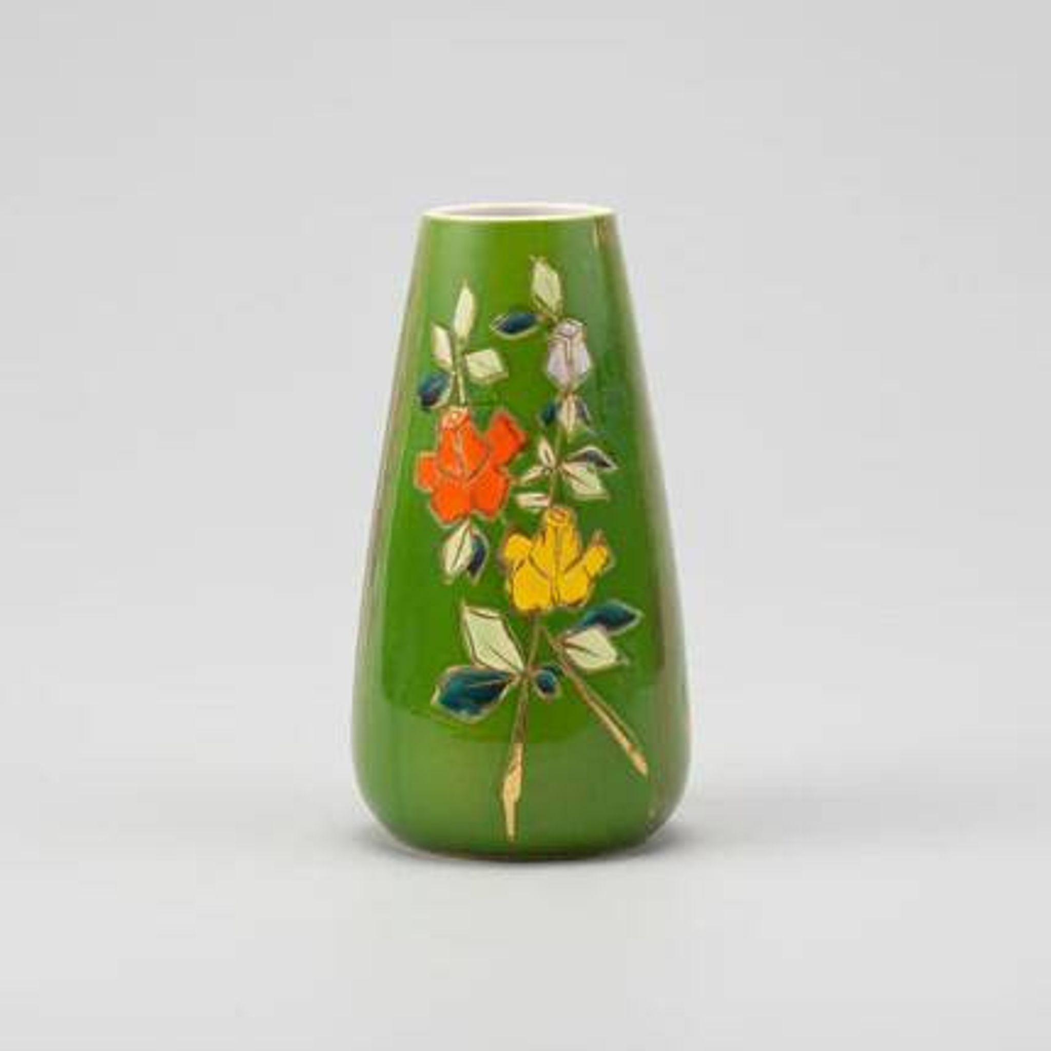 Vase art déco porcelaine vert à motifs fleuris
