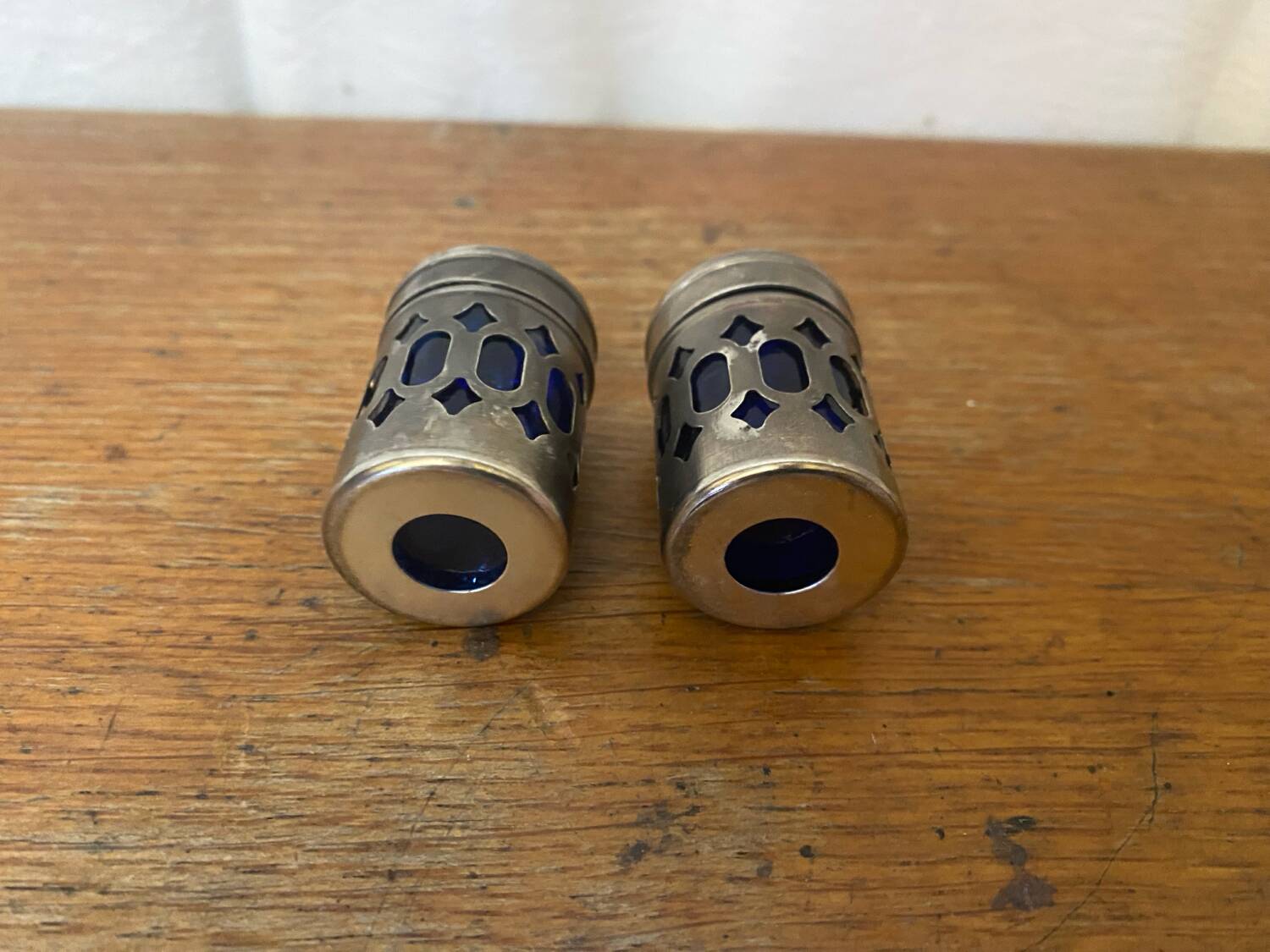 Pair of Antique Silver Metal Salt Cellars + Cobalt Blue Glass Salt and Pepper Shakers