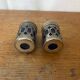Pair of Antique Silver Metal Salt Cellars + Cobalt Blue Glass Salt and Pepper Shakers