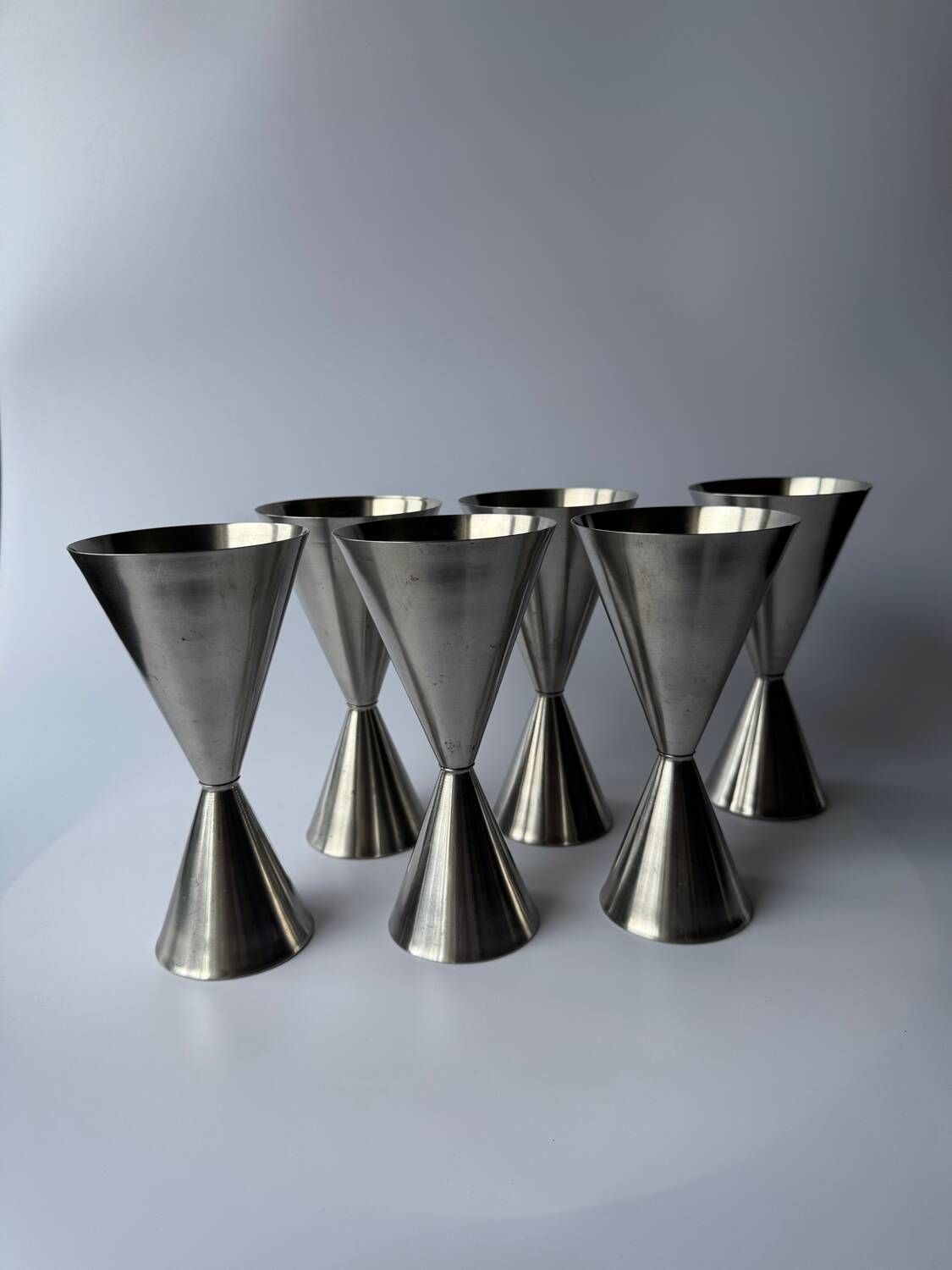 A set of 6 vintage minimalist stainless steel wine goblets