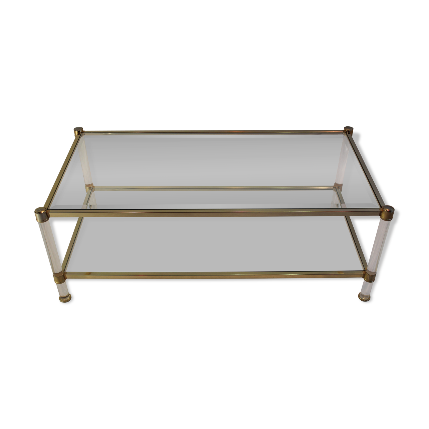 Plexiglass, glass and brass coffee table after Romeo Rega