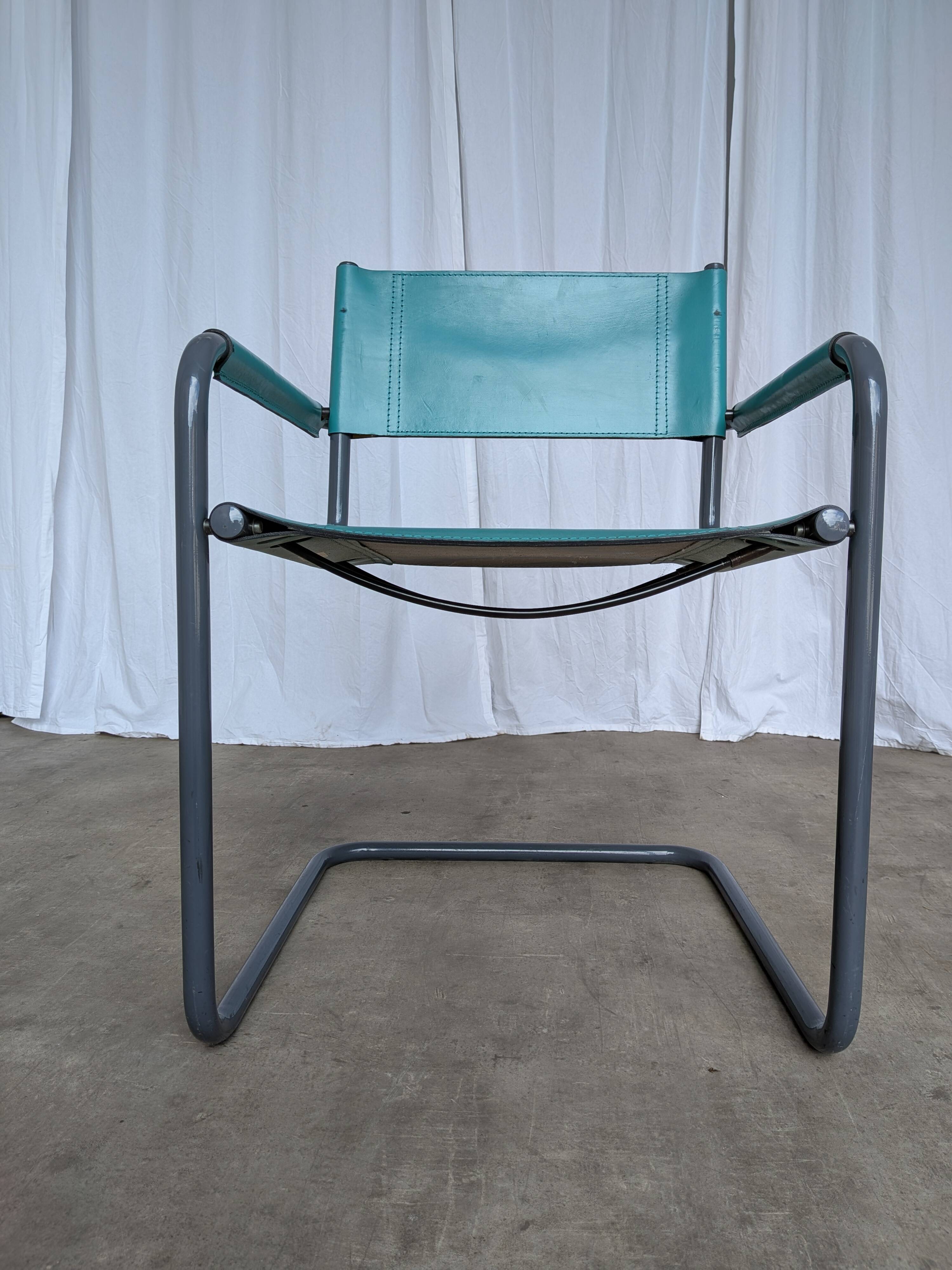 Vintage Mart Stam Style Armchair: Turquoise Leather, Black Chrome Cantileve