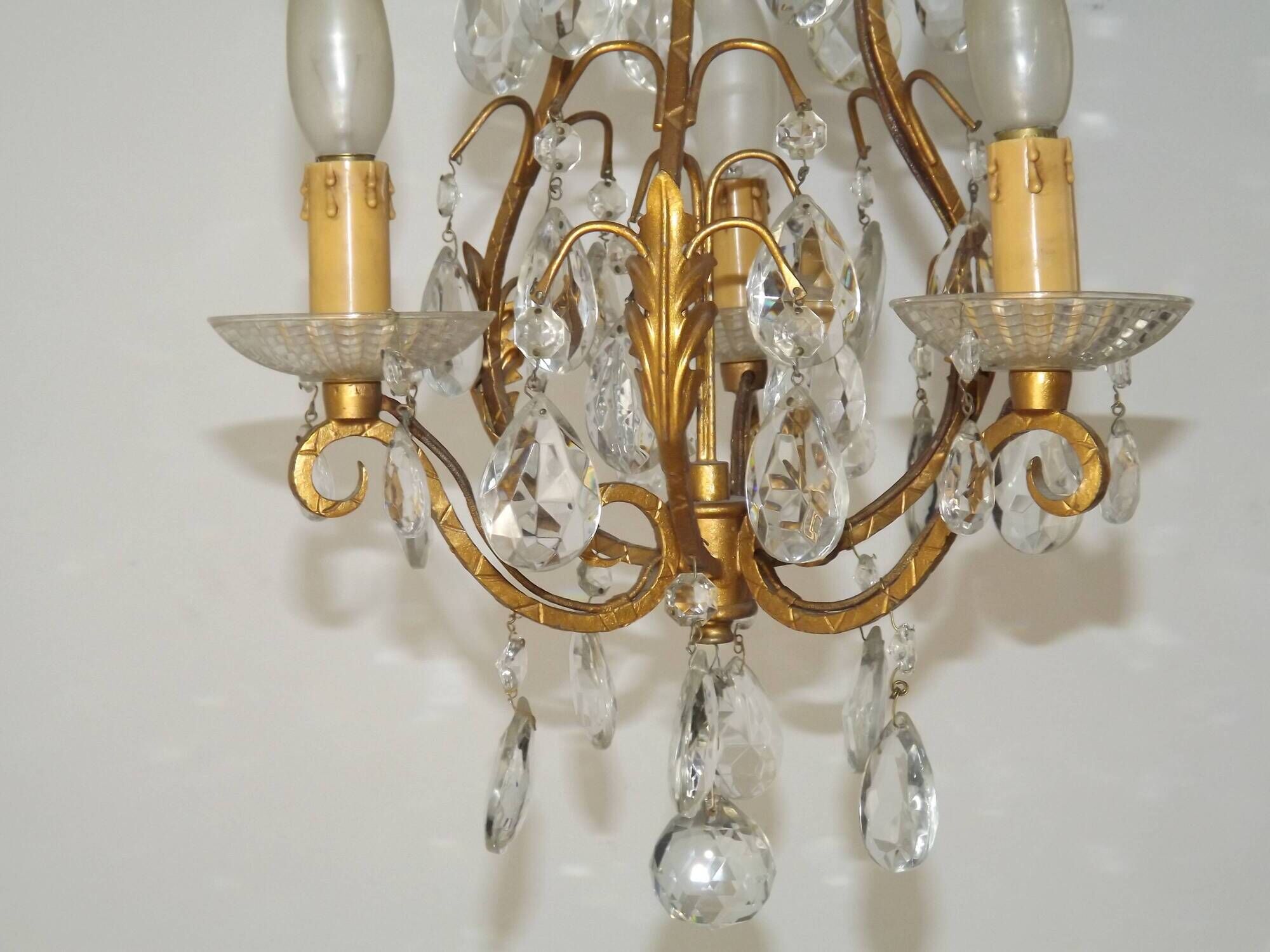 French Vintage Goldtone Metal & Crystal 3 Light Cage Chandelier 5502