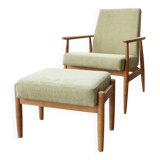 Set of Scandinavian Lounge Chair and footrest Olive corduroy Classic Design