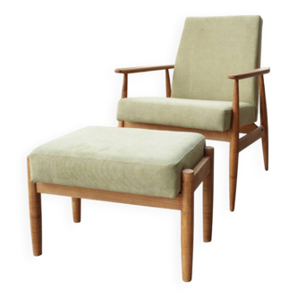 Set of Scandinavian Lounge Chair and footrest Olive corduroy Classic Design