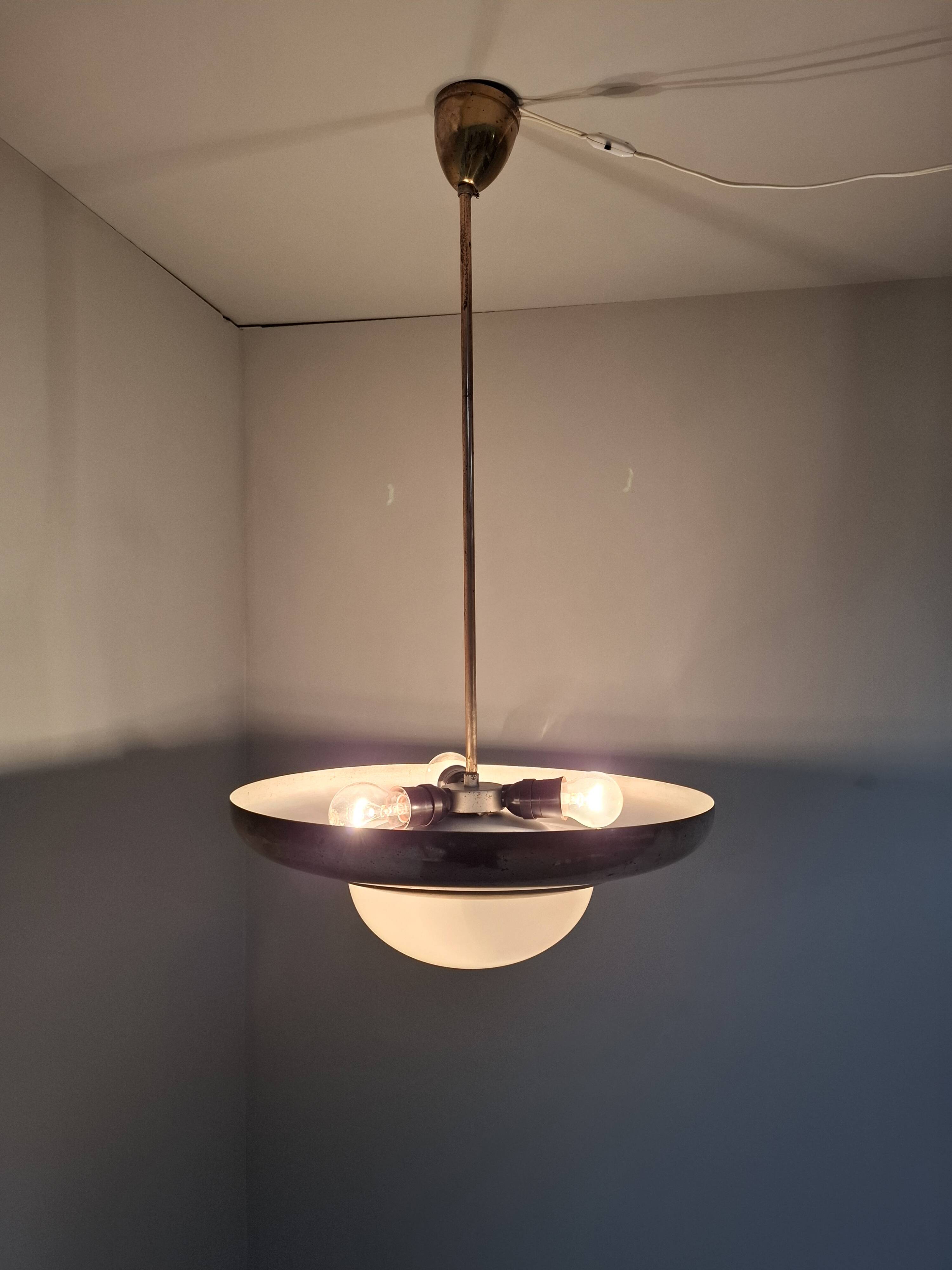 1920 Czechoslovak Art Deco Brass and Opaline Glass Pendant Lamp, Napako 134