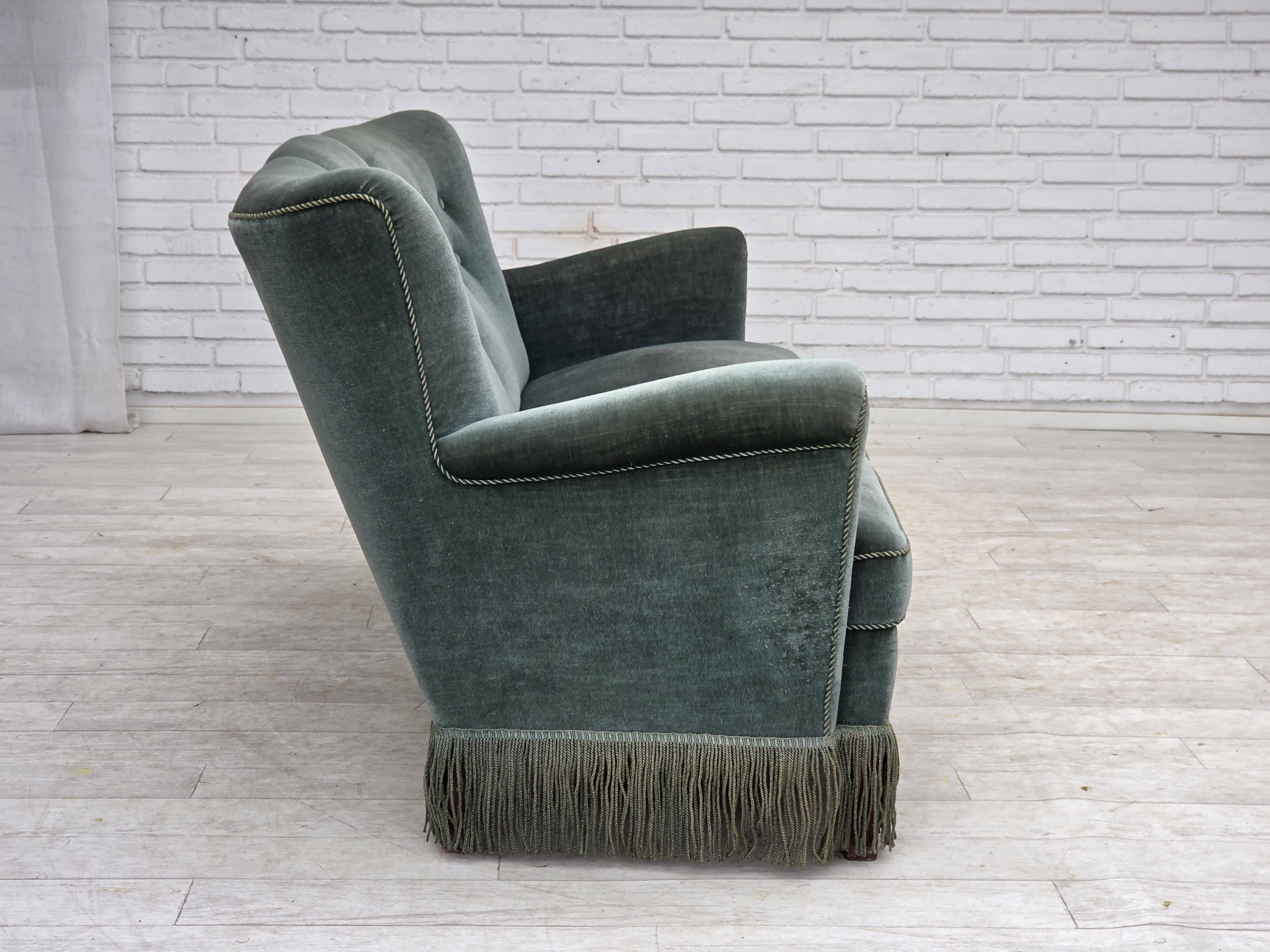 1960s, 3-seater Danish sofa, green furniture velour.
