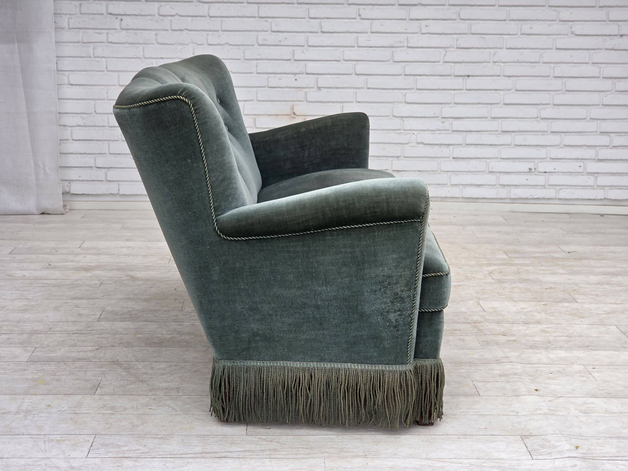 1960s, 3-seater Danish sofa, green furniture velour.