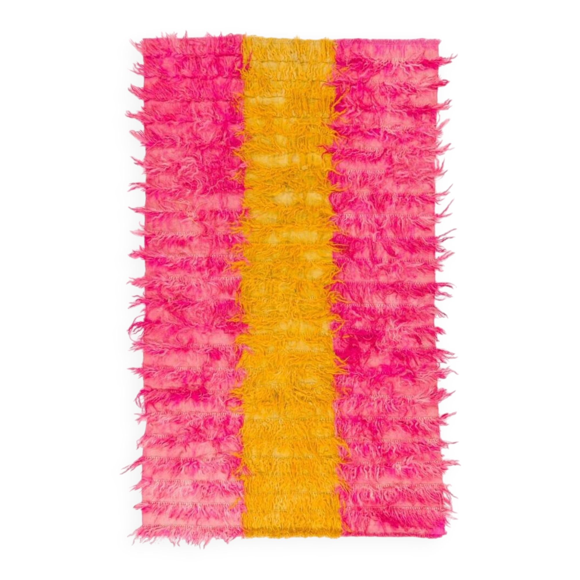 New Hand-Knotted Shag Pile Tulu Rug in Hot Pink and Yellow, 100% Mohair Wool