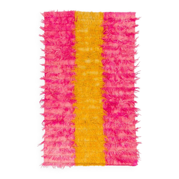 Nouveau tapis Tulu en shag tissé à la main, en rose vif et jaune, 100 % laine mohair.
