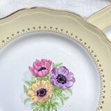 6 vintage porcelain dinner plates with white and golden yellow floral pattern L'Amandinoise "Coopélia" - Vintage floral tableware