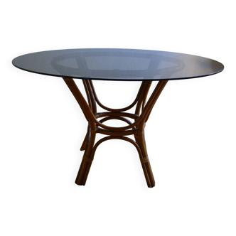 Table ronde rotin et verre