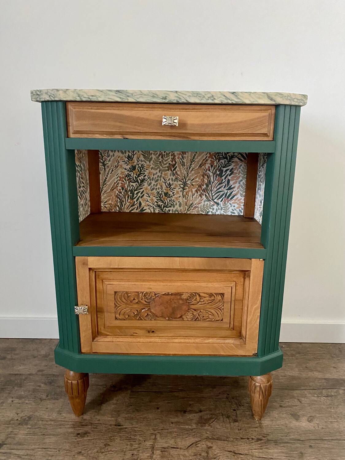 Bedside table, Art Deco style side piece revamped in pine forest 