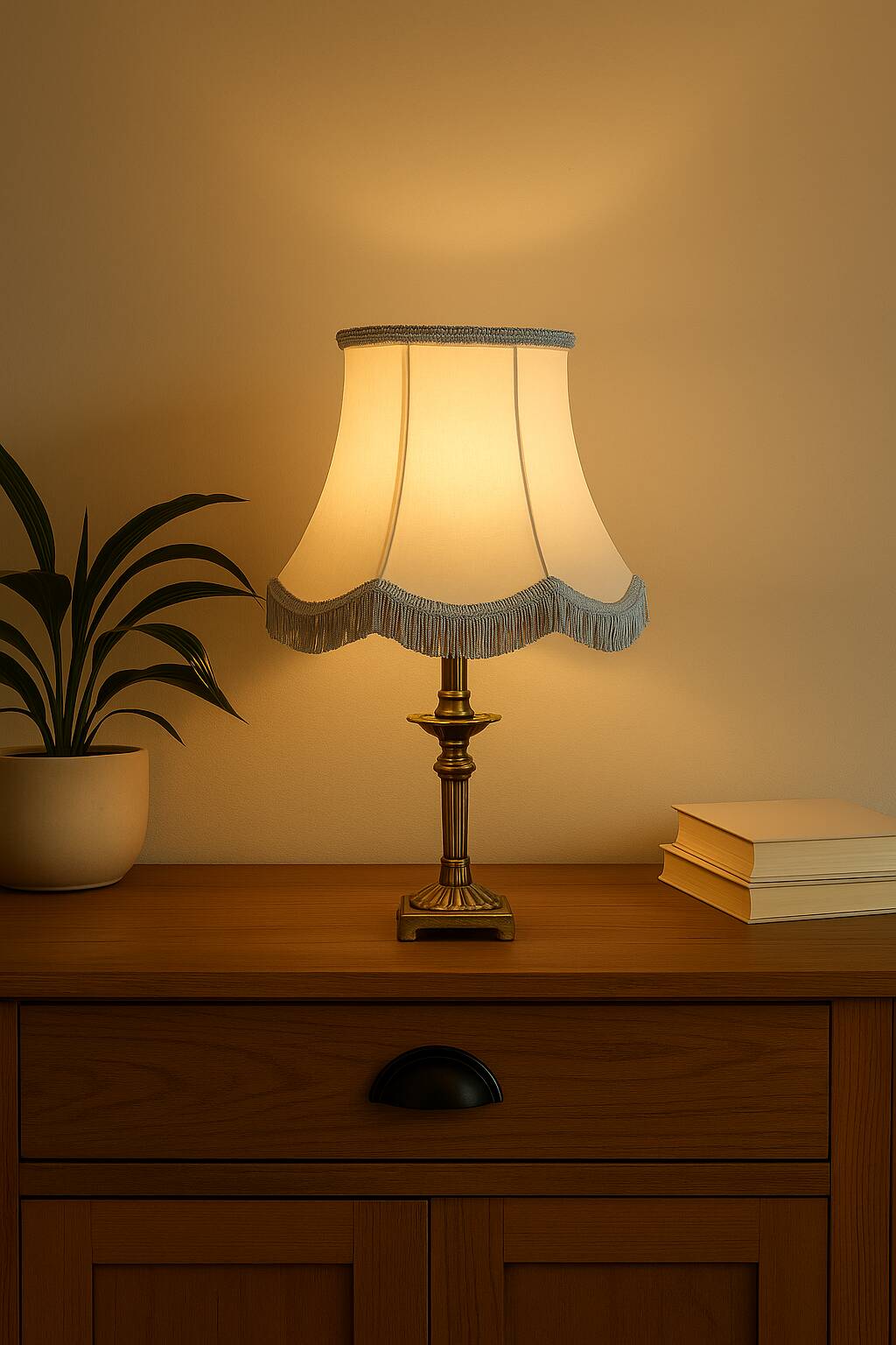 Vintage brass lamp with fringed shade – H35 cm, Ø20 cm