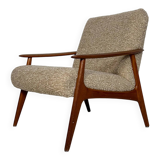 1970s Vintage Minimalistic Teak Armchair Lounge Chair with Bouclé