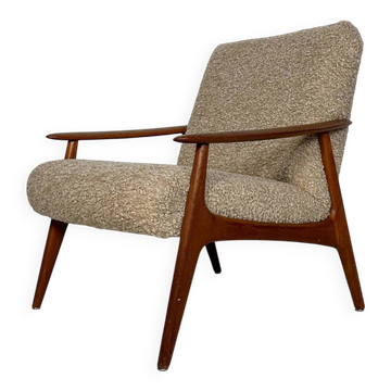 Fauteuil lounge minimaliste en teck vintage des années 1970 avec bouclé