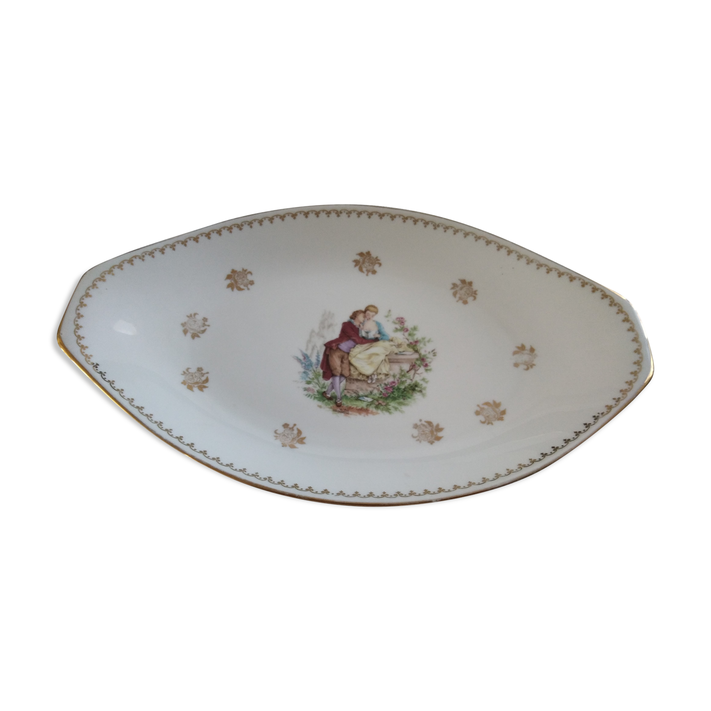 Diamond dish in Limoges porcelain decoration gallant scene