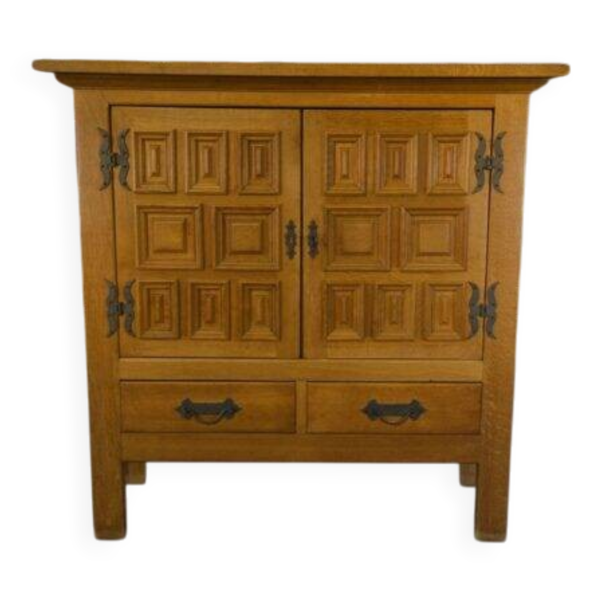 2-door, 2-drawer wardrobe in solid oak and wrought iron, rustic style, 1960s