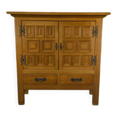 Armoire 2 portes 2 tiroirs en chêne massif et fer forgé style rustique 1960’s