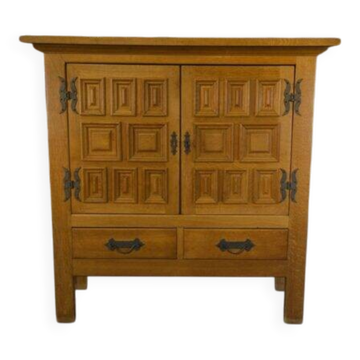 Armoire 2 portes 2 tiroirs en chêne massif et fer forgé style rustique 1960’s